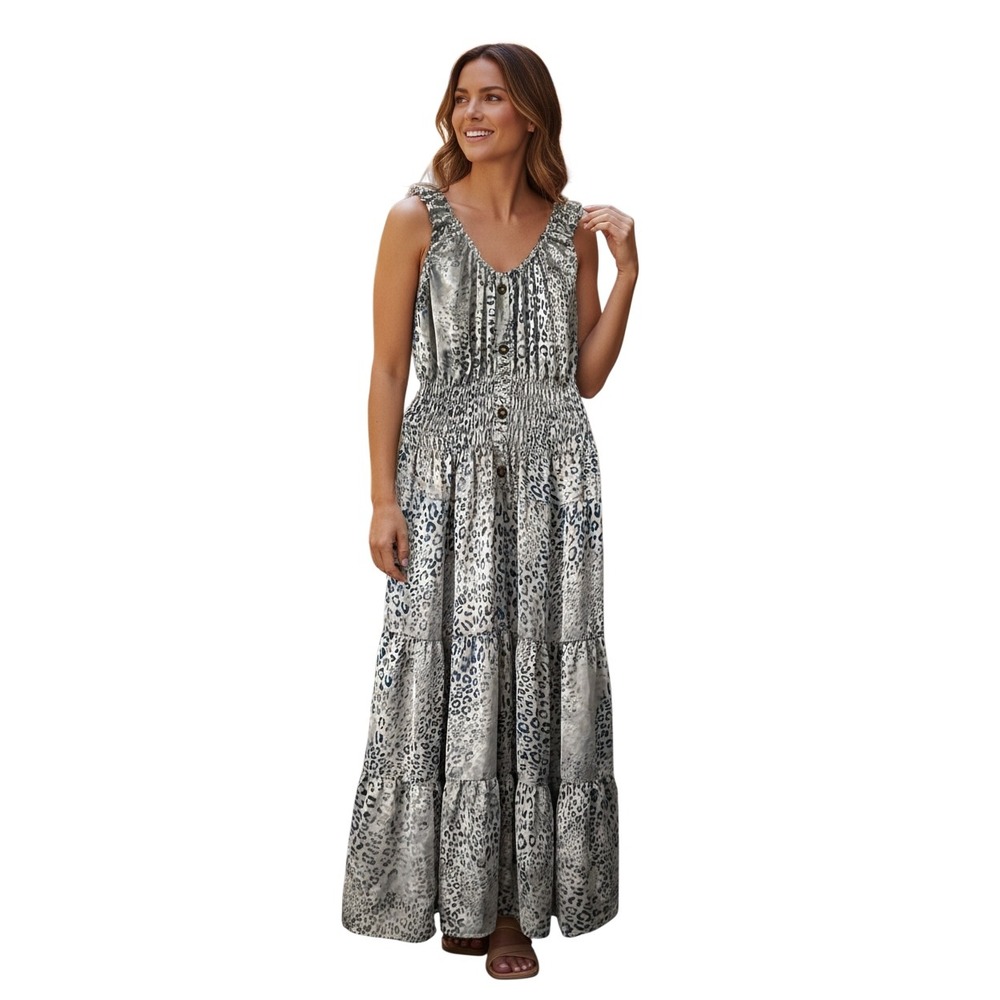 Lapis Womens Blue‎ Grey Leopard Print Dress Maxi Waist Tiered Cottagecore Size M